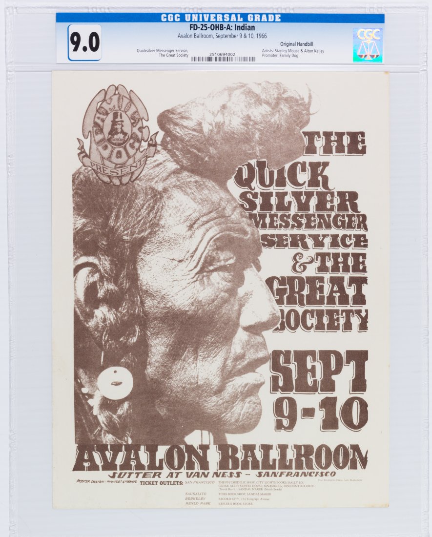 1966 FD-25 Great Society Avalon Handbill CGC 9: A classic example of this original Family Dog handbill with CGC grading. The youth movement of the 1960s greatly identified with the culture and ideals of the Native American people and their images a