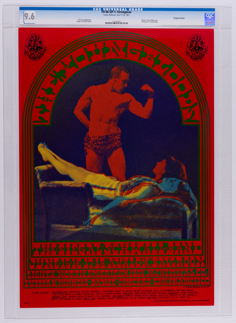 1967 FD-66 The Youngbloods Avalon Poster CGC 9.6: The Strongman was designed by noted artist Victor Moscoso, for the Youngbloods at the historic Avalon Ballroom! It's issues like this that represent a TREMENDOUS value. --CRITICAL DETAILS-- --TITLE: F
