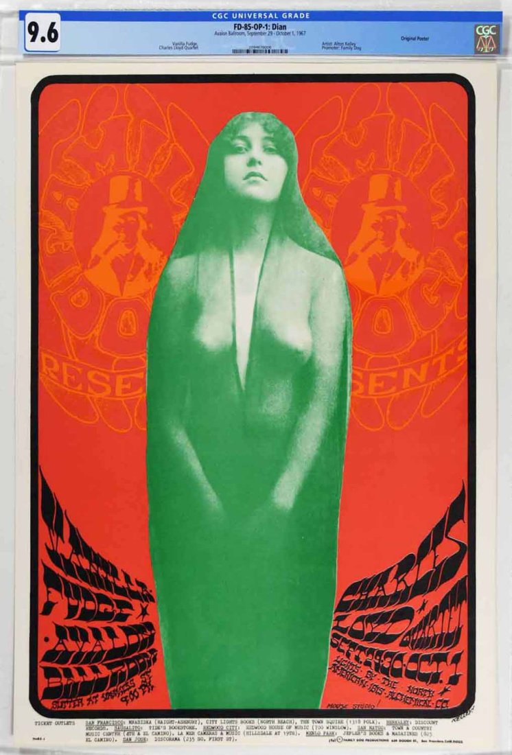 1967 FD-85 Vanilla Fudge Avalon Poster CGC 9.6: The FD-85 features Long Island's early psych band, Vanilla Fudge. The group's original members recorded five albums together between 1967–69 before disbanding. When Led Zeppelin first toured the Uni