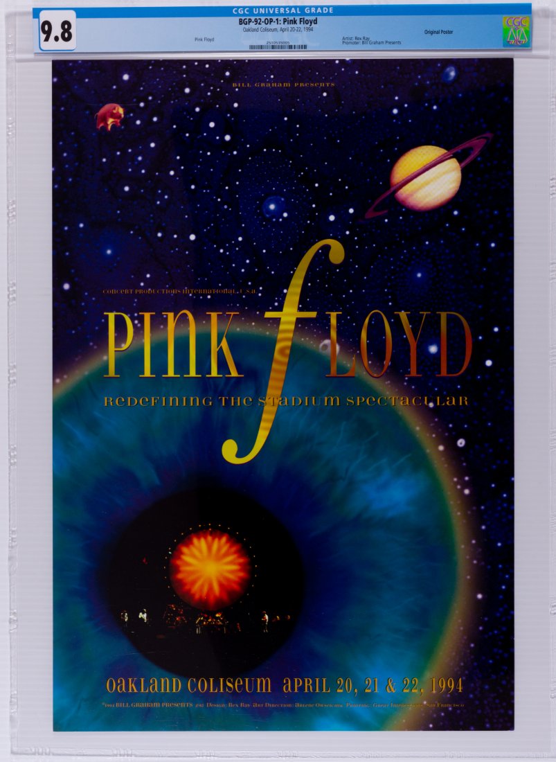 1994 BGP-92 Pink Floyd Oakland Coliseum Poster CGC 9.8: Artist Rex Ray designed a fabulous image for a run of shows featuring Pink Floyd at Oakland Coliseum in April 1994. These concerts were part of the group's FINAL TOUR, supporting the Division Bell alb