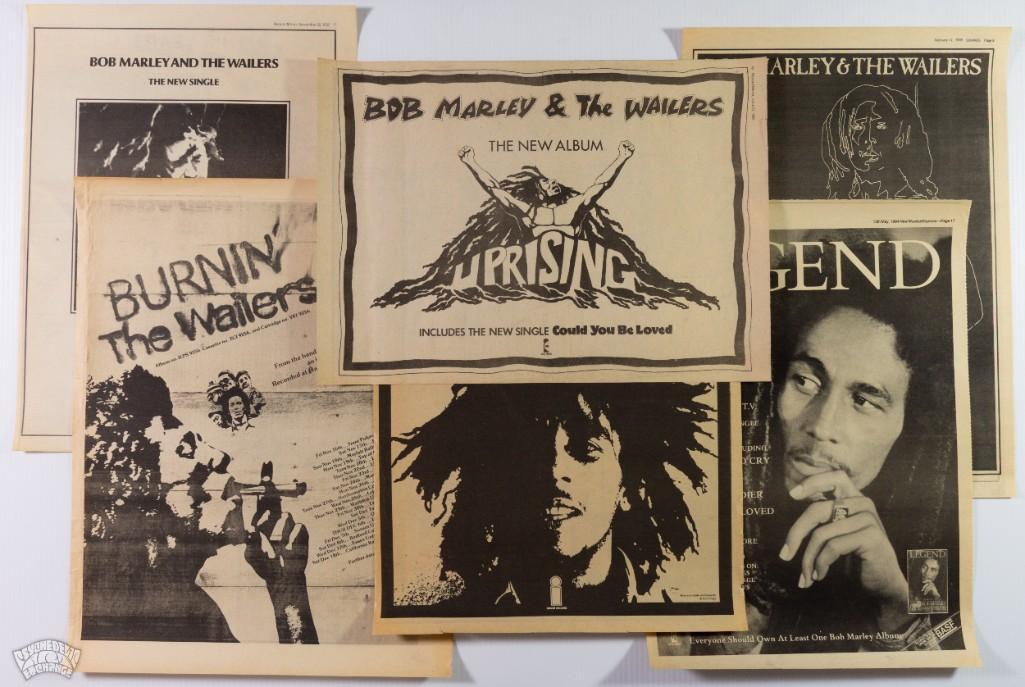 Grab Bag of Bob Marley 70's Newspaper Ads: 6 single page newsprint ads for various Bob Marley appearances through the 70s. --CRITICAL DETAILS-- --TITLE: Gb Bob Marley 1970's Newspaper Ads --GRADE: Extra Fine+<
