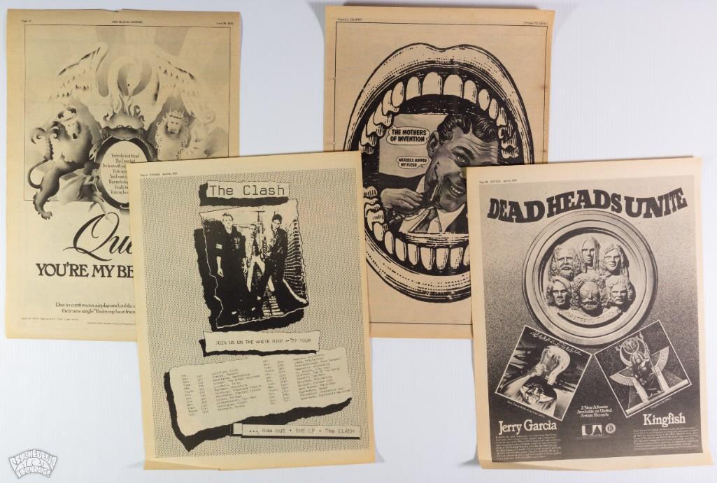 Grab Bag of 70's Rock Concert Newspaper Ads: 4 single page newsprint ads for various performances featuring: FRANK ZAPPA QUEEN THE CLASH JERRY GARCIA KINGFISH --CRITICAL DETAILS-- --TITLE: Grab Bag o