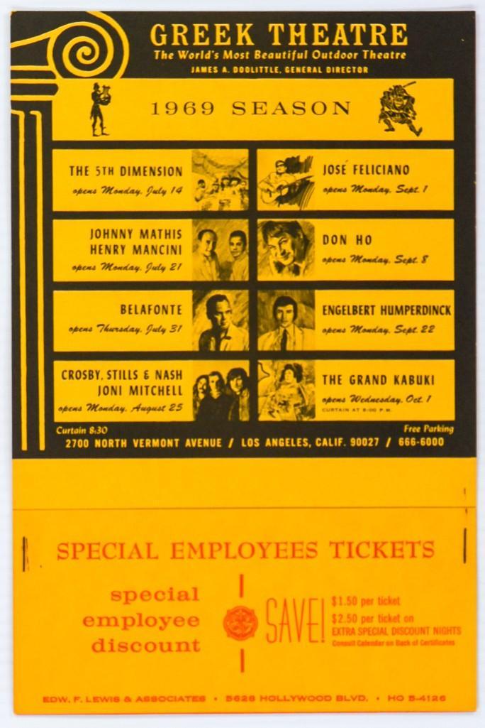 1969 CSNY Greek Theatre Employees Ticket Order Form: The great CSNY, Johnny Mathis, Belafonte, Joni Mitchell, Engelbert Humperdinck and more are featured on this order form from the Greek Theatre in 1969. The form was produced for SPECIAL EMPLOYEE TICKE