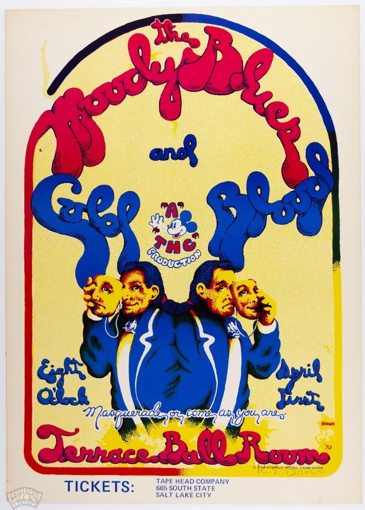 1970 Moody Blues Cold Blood Terrace Signed Poster: This poster is signed by the artist, Robert E. Brown! We have here a striking Moody Blues original poster from Salt Lake City. Artist Robert Brown's work in the 60's appeared in Yellow Dog Com