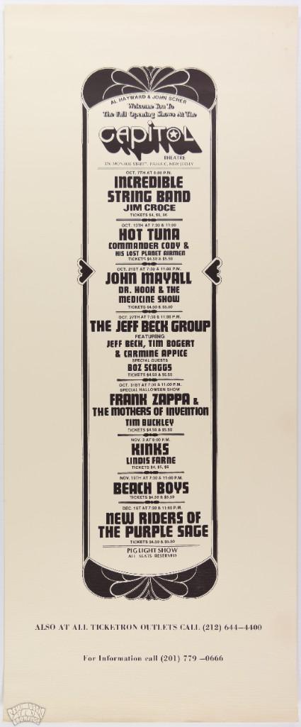 1972 Jeff Beck Zappa Capitol Theatre Calendar Poster (1 of 2)