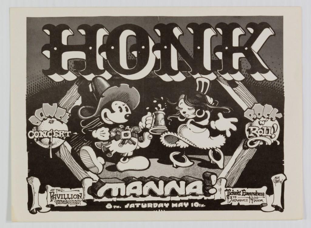 1975 Honk Rick Griffin Orange County Handbill: Original handbill with a historic seventies design by the legendary artist Rick Griffin. --CRITICAL DETAILS-- --TITLE: Honk Rick Griffin Orange County --GRADE: MINT 91
