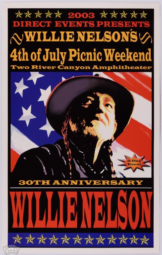 2003 Willie Nelson two river canyon amphitheater Poster: This poster promotes a 2-day event featuring Willie Nelson that occurred over Fourth of July Weekend in 2003. It was hosted at Two River Canyon Amphitheater in Spicewood, Texas. A great looking poster