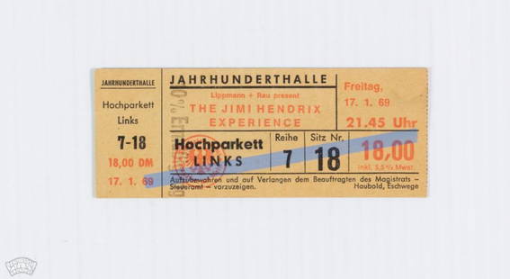 1969 Jimi Hendrix Frankfurt Germany Ticket: This is an original concert ticket from The Jimi Hendrix Experience appearing at the Jahrhunderthalle in Frankfurt, West Germany on January 17, 1969. Eire Apparent opened. The show was presented by