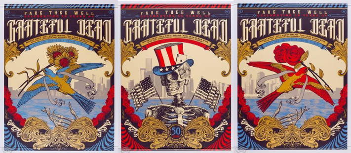 2015 Grateful Dead Chicago Triptych Signed LE Posters: ALL 3 posters are signed and numbered by the artist, Justin Helton of Status Serigraph. In the summer of 2015, the core four” surviving members of the Grateful Dead, along with Trey