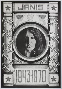 1970 Janis Joplin Tribute Headshop Poster: Janis Joplin, 1943 - 1970 vintage headshop poster produced shortly after her untimely demise in late 1970. The design exhibits Greek pillars covered in growing ivy, flanking a center image of Janis