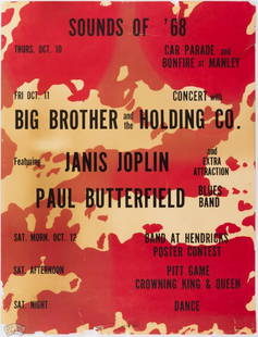 1968 Big Bro Janis Joplin Syracuse Univ Calendar Poster: Syracuse War Memorial October Calendar. Venue not listed but Janis concert on this date has been confirmed. Janis also joined openers Butterfield Blues Band for their closing song. Part of Syracuse
