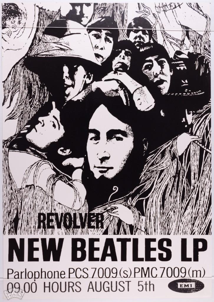Beatles Revolver Reprint Promo Poster: This is an unauthorized reprint of a EMI Records Promotional Poster -- Condition: two small tears right bottom edge, edge creases left edge, stain/moisture damage in each of right corners, moisture da