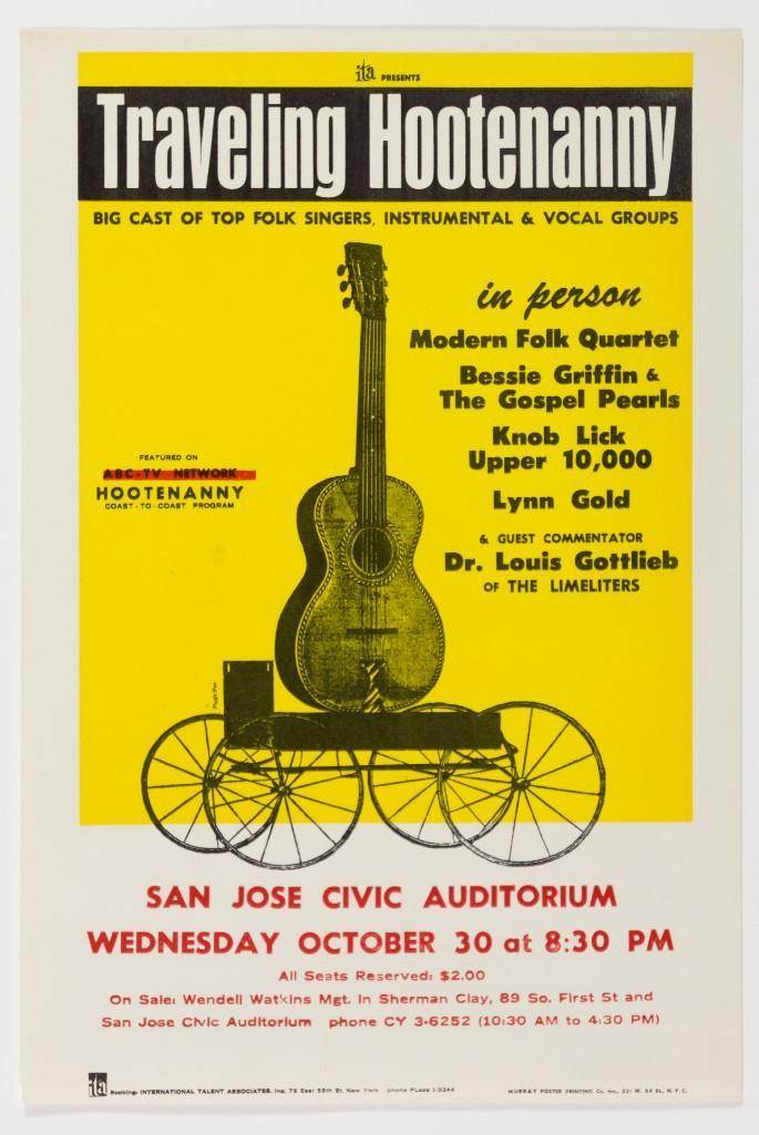 1963 Bessie Griffin San Jose Handbill: This early 1960s handbill promoted a "Traveling Hootenanny" at the San Jose Civic Auditorium in San Jose, CA. The handbill advertises a "big cast of top folk singers, instrumental & vo