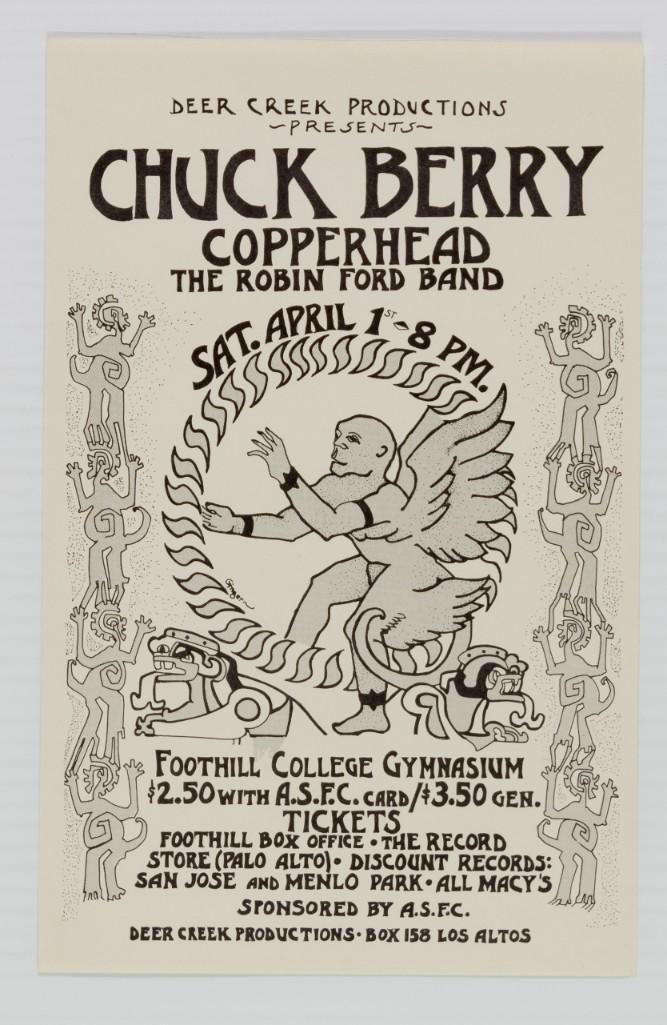 1969 Chuck Berry Foothill College Handbill: Appearing for the FIRST time in our auction, this beautifully preserved Chuck Berry poster from the late 1960s!! The early rock n' roll pioneer played at Foothill College in Los Altos Hills, CA on