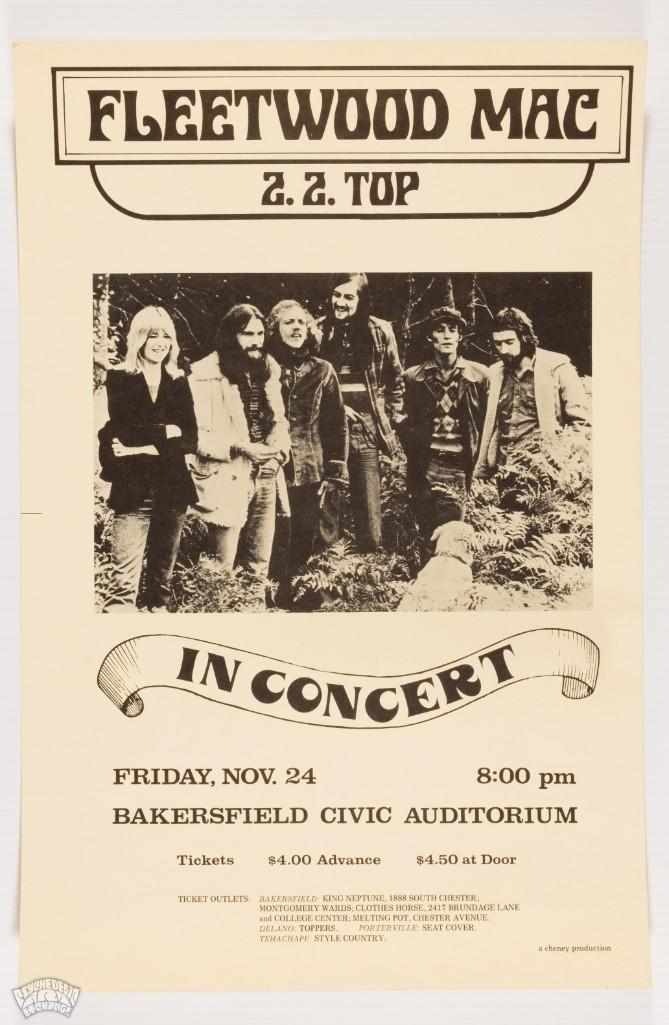 1972 Fleetwood Mac ZZ Top Bakersfield Civic Poster: This piece features an early lineup of Fleetwood Mac for a show that occurred in November 1972 at the Bakersfield Civic Auditorium in Bakersfield, CA. ZZ Top opened the show as the supporting act. Thi