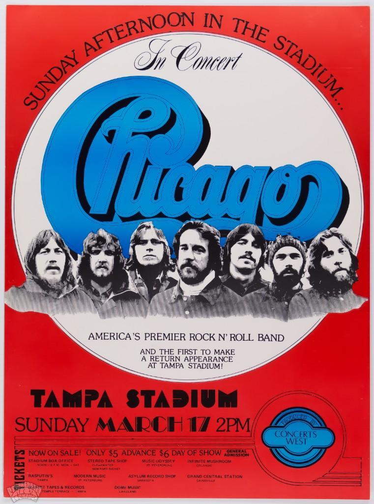 1974 Chicago Tampa Stadium Poster: The rock band Chicago toured the country extensively during 1974, including this stop down south at the Tampa Stadium. The groupâ€™s iconic signature logo is the centerpiece for this concerts wes