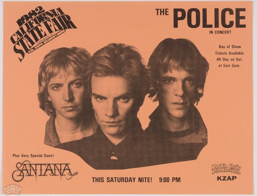 1982 The Police Santana Cal State Fair Handbill: A fantastic twin lineup is showcased on this original handbill. The Police were in the middle of their massive Ghost in the Machine tour which included North & South America as well as 28 dates in