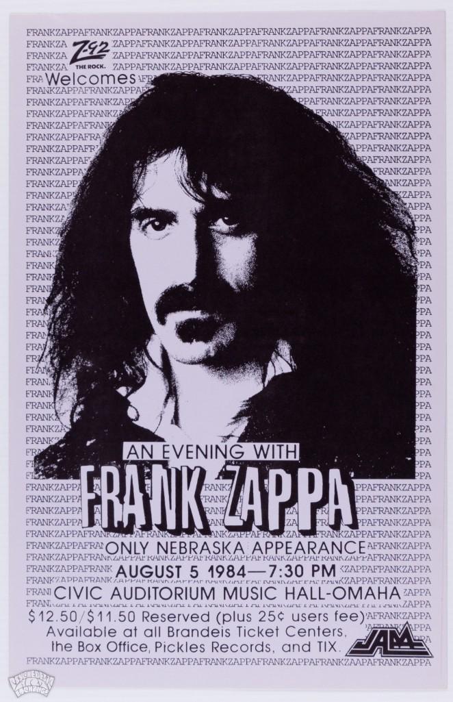 1984 Frank Zappa Omaha Civic Auditorium Poster: This original poster was designed to promote Frank Zappa's appearance in Omaha, Nebraska in 1984. The show occurred on August 5th at the Civic Auditorium Music Hall. The show is billed as Zappa