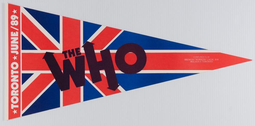 1989 The Who Toronto Molson Boycott Promo Pennant: This pennant was sold as merchandise at The Who's performance in Toronto on June 23rd, 1989. The reverse details a plea from workers at Molson's Brewery, a brewery located in Toronto, to boyco