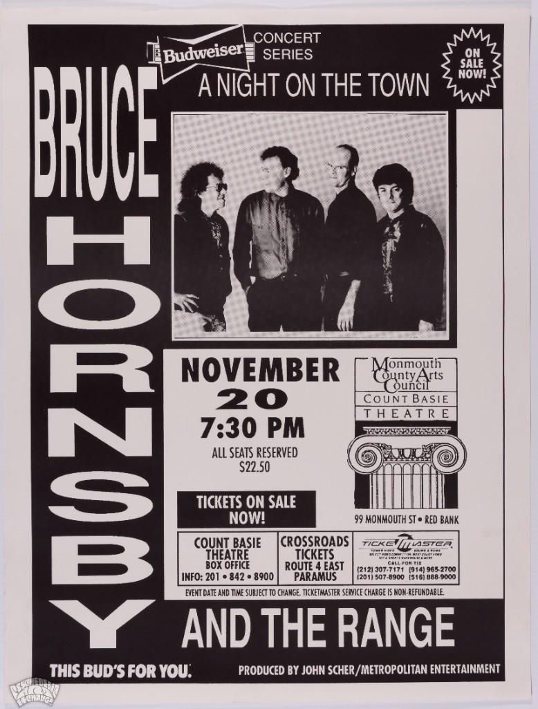 1993 Bruce Hornsby Count Basie Theatre Poster: Here's a poster advertising Bruce Hornsby and the Range performing at the Count Basie Theatre in Red Bank, NJ in November of 1993. It is 100% original with no restoration! --CRITICAL DETAILS-- --T