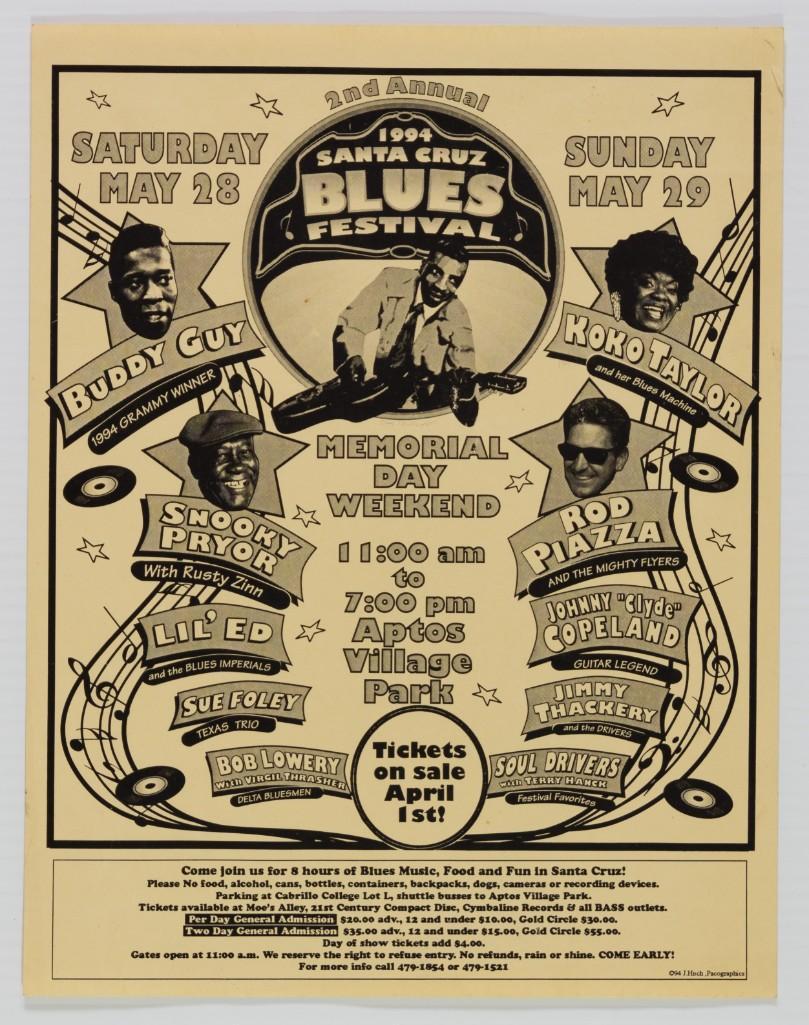 1994 Santa Cruz Blues Festival Handbill: Presenting this original handbill from the second annual Santa Cruz Blues Festival, which occurred in late May of 1994! The stacked festival lineup included legendary acts such as Buddy Guy, Koko Tayl