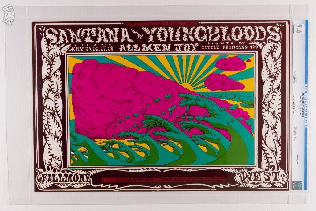1969 BG-173 Santana Fillmore West OP-1 Poster 9.6: This delightful poster from the pen of Lee Conklin was created for a Santana/Youngbloods show at the Fillmore West. Conklin's work is forever evolving. This piece from May 1969 was the artist'