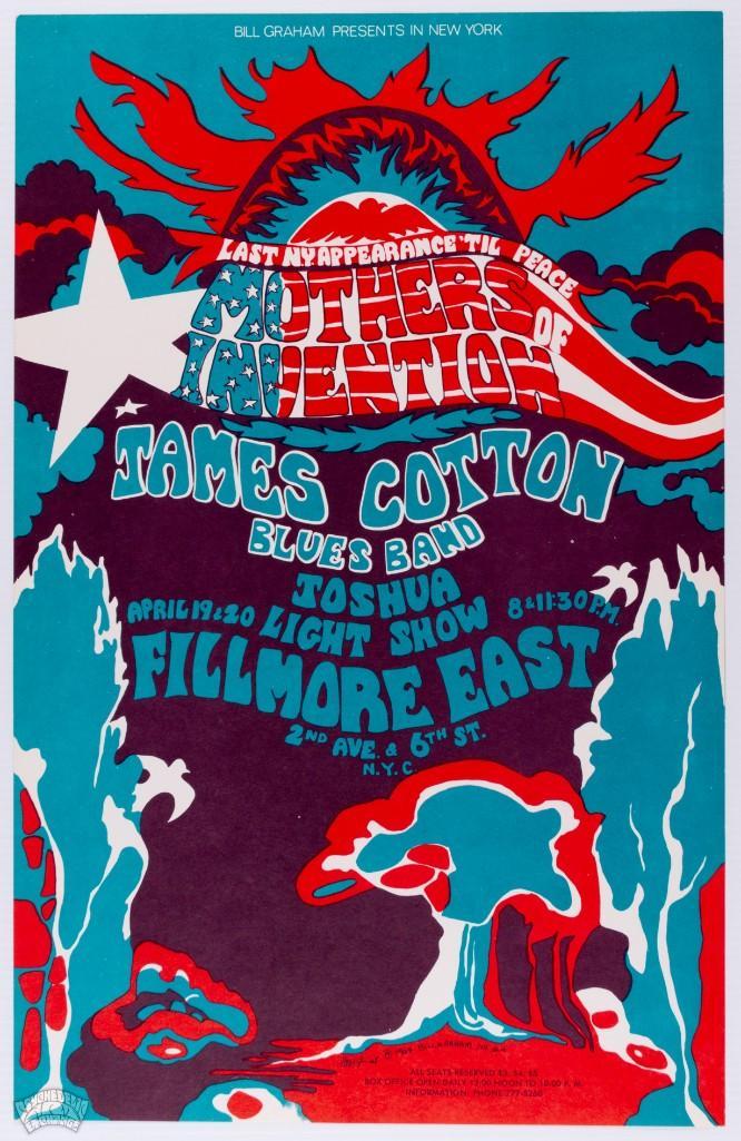 1968 Mothers of Invention Fillmore East Original Poster: This Bill Graham poster features The Mothers of Invention and the James Cotton Blues Band at the Fillmore East in New York during April 1968. The Fillmore East was Bill Graham's contribution to th