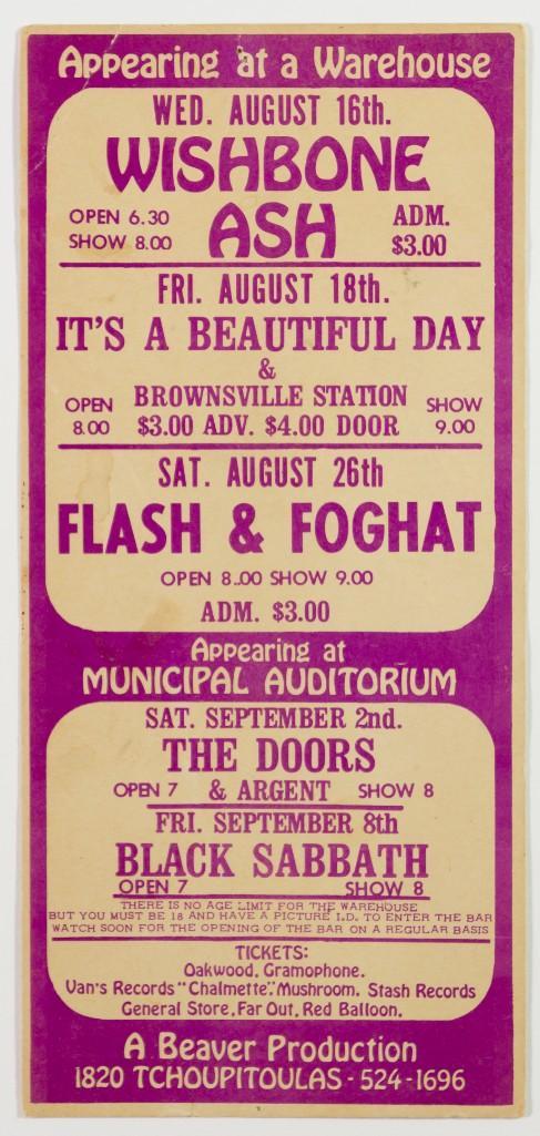 1972 The Doors Black Sabbath Municipal Aud Handbill: This poster from the Municipal Auditorium in Mobile Alabama advertises a slew of performances that occurred in August and September 1972. Performers included Wishbone Ash, It's A Beautiful Day, Fo