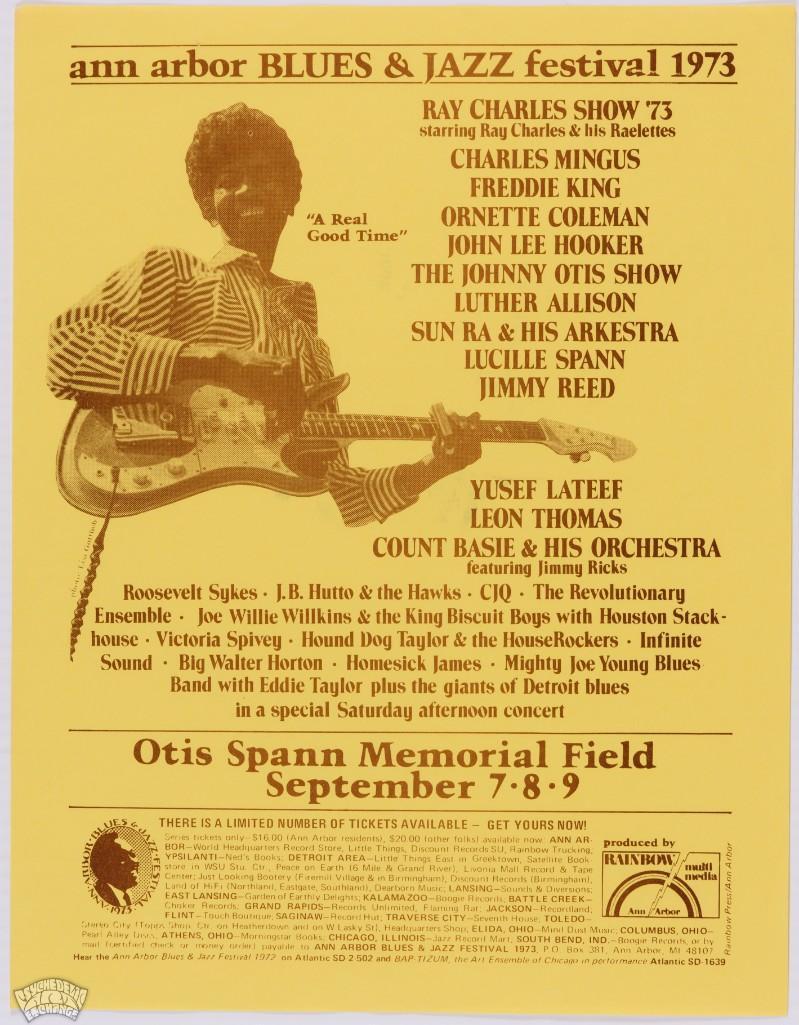 1973 Ray Charles Ann Arbor Blues Festival Handbill: This handbill was produced to promote the 1973 Ann Arbor Blues & Jazz Festival. The 1973 festival incorporated a Detroit blues review and the great Bobo Jenkins was one of the featured acts. The 3