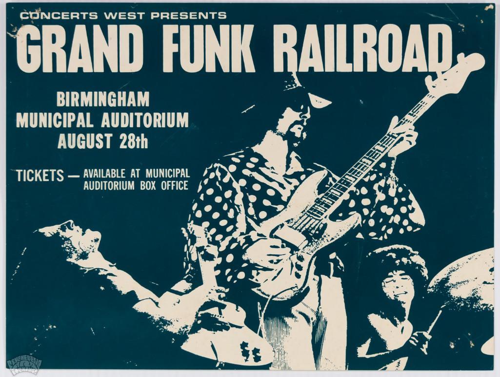 1973 Grand Funk Railroad Municipal Original Handbill: This handbill advertised Grand Funk Railroad's appearance at the Municipal Auditorium in Birmingham on August 28th, 1973. This is the first time it is appearing in our auction! 100% original with 