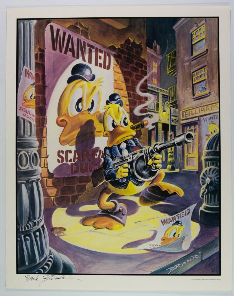 1975 Frank Brunner Scarface Duck Headshop Signed Poster: This poster is signed by the artist, Frank Brunner! Here we have a 1975 headshop poster by artist Frank Bruner. It features Howard the Duck with a gun in front of a poster reading "Wanted: Scarfac