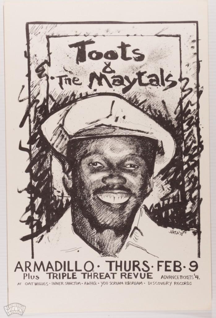 1978 TOOTS AND THE MAYTALS ARMADILLO Poster: The preeminent Ska and reggae band Toots and the Maytals took the stage at Austinâ€™s Armadillo World Headquarters in December of 1978. This Jim Franklin portrait of Frederick Nathaniel "Toot