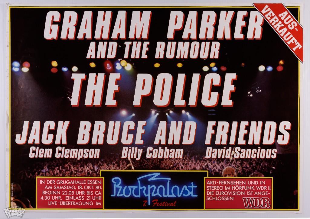 1980 The Police Essen Germany Original Poster: Here's a great poster featuring several great artists! It was originally created to advertise an October 1980 show in Essen, Germany featuring Graham Parker and the Rumour, The Police, and Jack Br