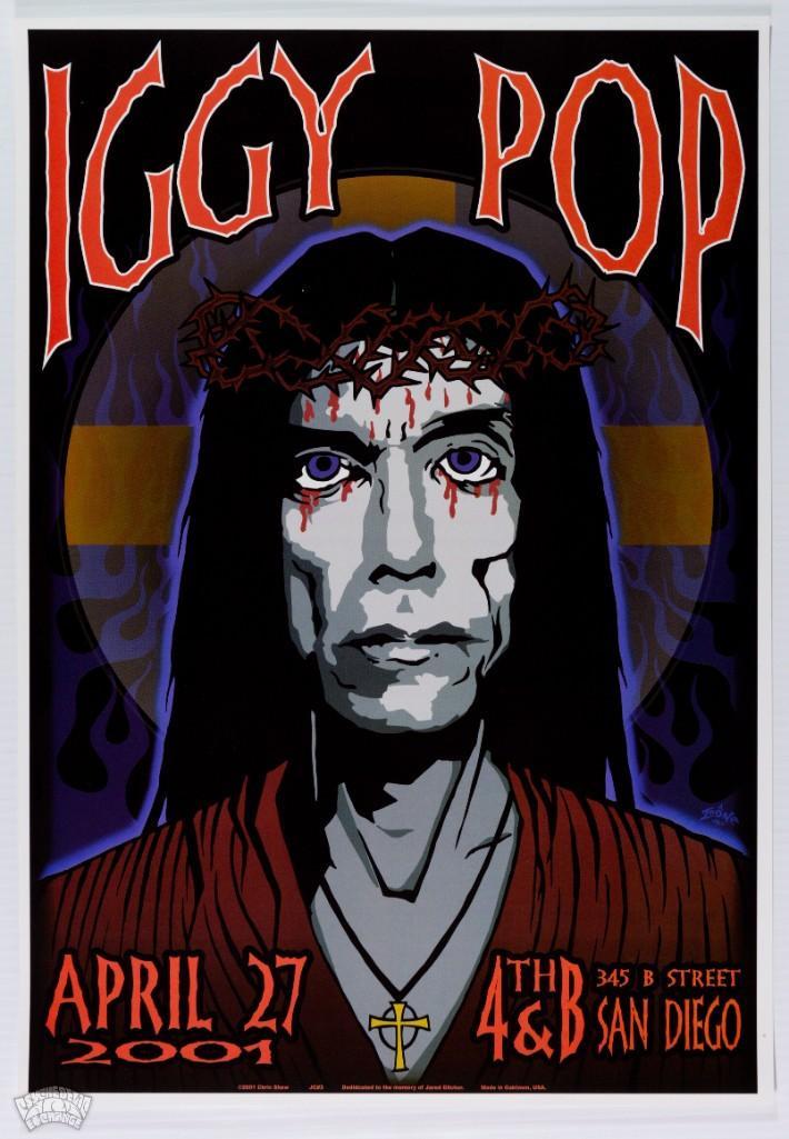2001 Iggy Pop San Diego Original Poster: This poster featuring the legendary Iggy Pop was designed by modern poster artist Chris Shaw. It was created for Iggy's April 2001 performance at 345 B Street in San Diego. An incredible image of 