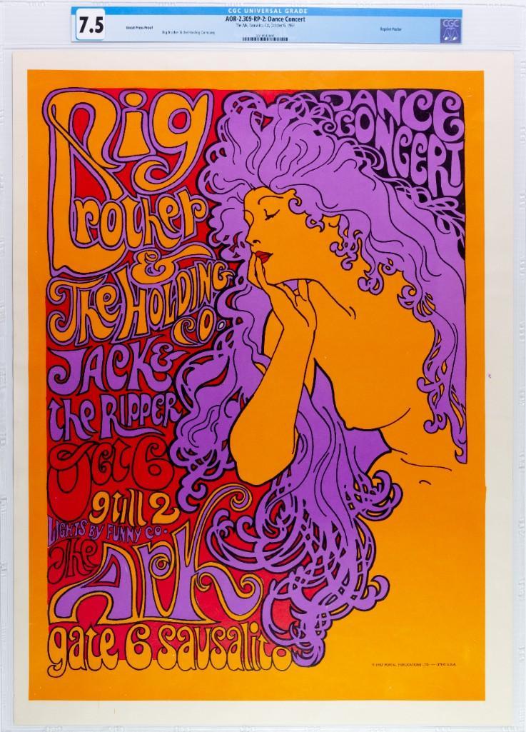 1967 AOR-2.309 Big Brother Ark RP2 Proof Poster 7.5: This is a Second Printing UNCUT PROOF for a that poster was created for a 1969 show at The Ark in Sausalito. The show featured Big Brother with support from Jack the Ripper. The central image of the p