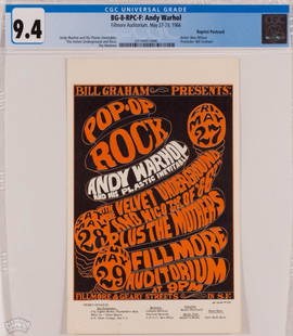 1966 BG-8 Warhol Velvet Underground RP Postcard 9.4: The cherished BG-8 also features one of the most exciting lineups ever to appear at the Fillmore! How do you top Warhol, Zappa and Lou Reed? This is the FIRST time we are offering this second printing