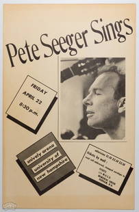 1966 Pete Seeger Snively Arena Cardboard Poster: Here we have a rare poster that has not appeared in a public auction until now! This cardboard piece advertised the great Pete Seeger performing at the Snively Arena at the University of New Hampshire