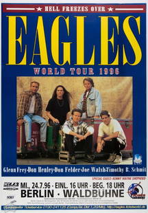 1996 The Eagles Berlin Germany Poster: This poster advertised a stop on The Eagles 1996 World Tour! The show in question took place on July 24th at Waldbuhne in Berlin, Germany. The poster features a simple photo of the band and lists each