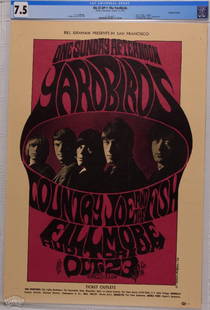 1966 BG-33 The Yardbirds Fillmore Poster 7.5: This John H. Myers design uses a photograph by Gered Mankowitz of the highly influential British blues band as the central image for this early Bill Graham poster. This 1966, pre-concert first printin