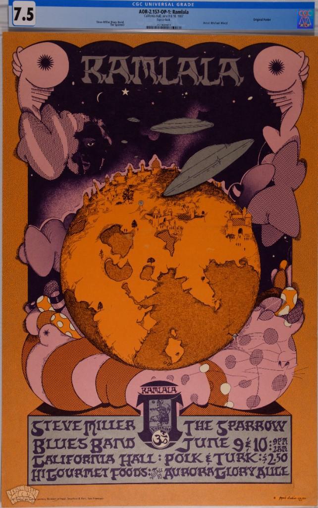 1967 AOR-2.157 Steve Miller California Hall Poster 7.5: The Ramlala group created a series of beautiful posters for shows that they promoted at California Hall. This first printing example was produced for a run of 1967 Steve Miller Blues Band performances