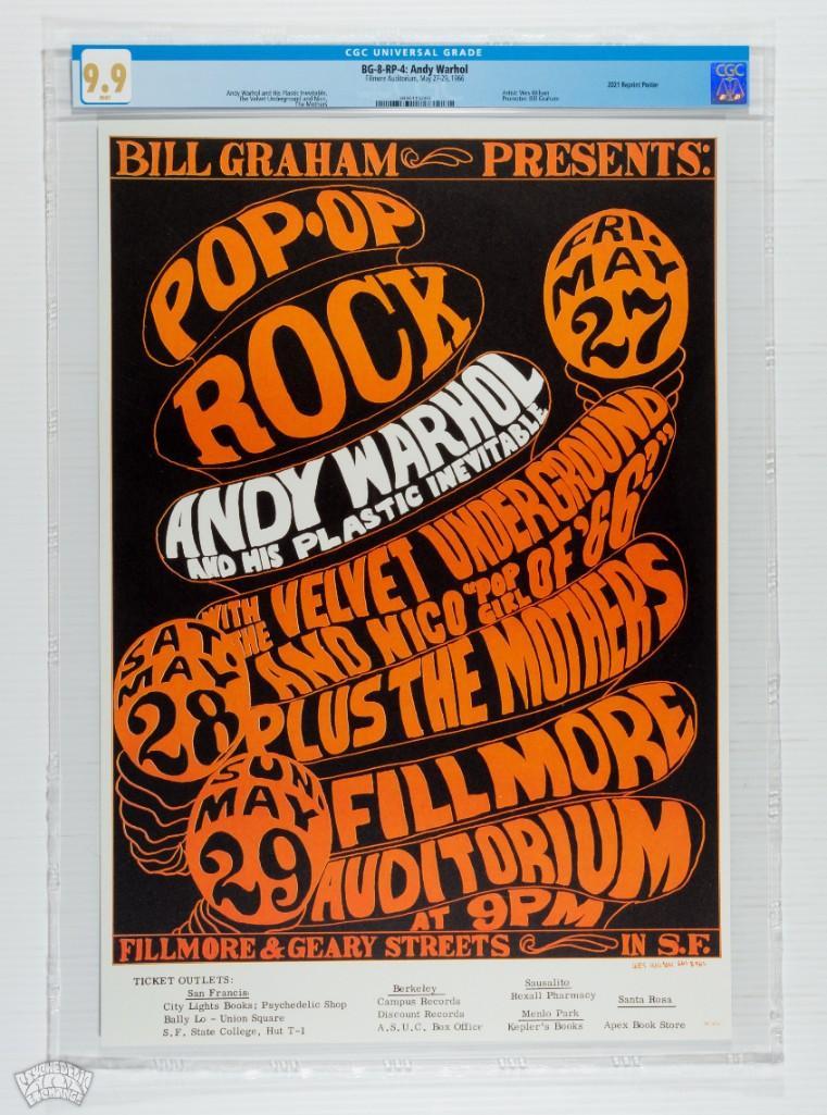 1966 BG-8 Andy Warhol Fillmore RP4 Poster 9.9: Here we have a fourth pritning poster of one of the most desirable images of the era. Here is your chance to own a CGC graded example of this classic without spending the thousands of dollars the orig