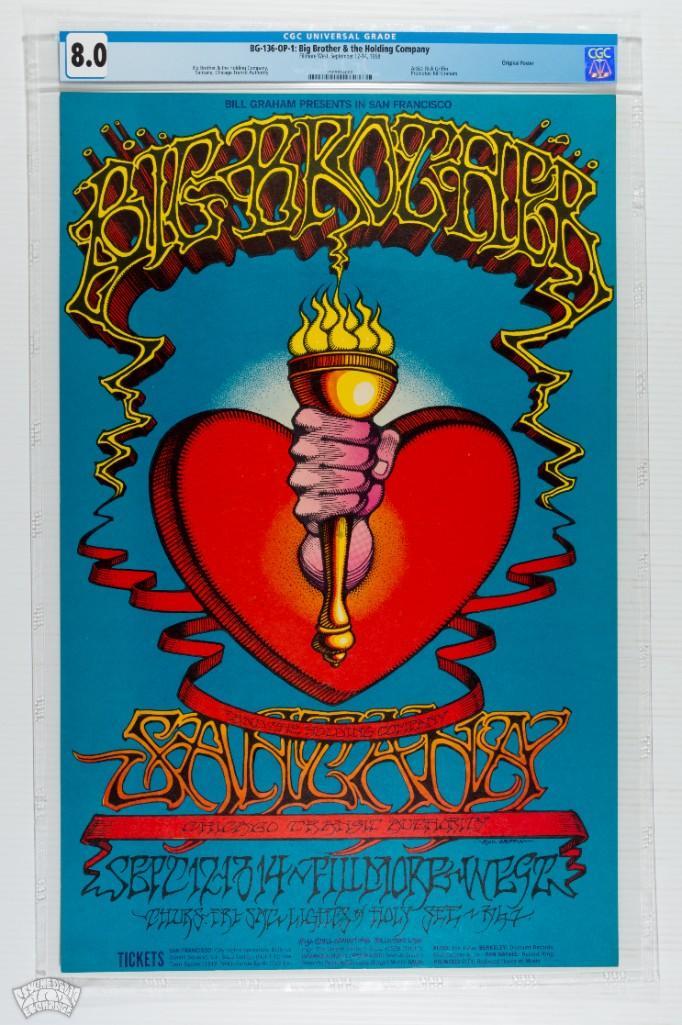 1968 BG-136 Big Brother Fillmore West Poster 8: The Heart and Torch is one of Rick Griffin's most famous images. Experienced collectors and newbies a-like LOVE the beautiful colors, killer lettering, and symmetrical design of this incredible wo