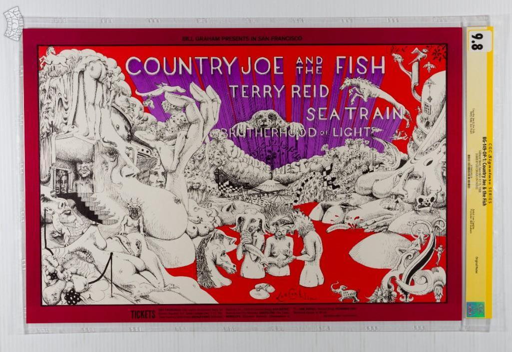 1968 BG-149 Country Joe Fillmore West Signed Poster 9.8: This poster is signed in black ink by the artist Lee Conklin, and is in a special CGC Signature Series holder! Signature Series posters are signed in the presence of an authorized CGC witness. The spe