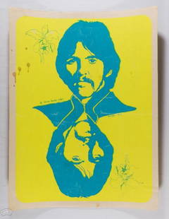 1967 George Harrison Black Light Headshop Poster: This vintage blacklight poster features the quiet Beatle in his classic Sgt Pepper&#39;s era attire, designed like a playing card. Produced in 1967 by Steve Sachs and artwork by Gabe.  --CRITICAL DETA