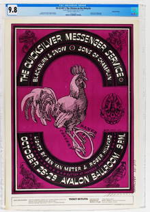 1966 FD-32 Quicksilver Avalon Signed Poster 9.8: This poster is signed by the artist, Victor Moscoso! Incredible 9.8 CGC Graded condition! The chicken on a Unicycle is a very early Victor Moscoso poster and it was the artist's second