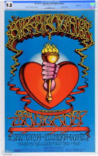 1968 BG-136 Big Bro Rick Griffin Fillmore Poster 9.8: The Heart and Torch is one of Rick Griffin's most famous images. Incredibly scarce in top Museum Quality 9.8 CGC condition, First Printing poster, as there was only one original printing produced