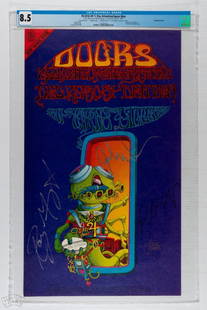 1967 FD-D18 The Doors Griffin & Band Signed Poster 8.5: This poster is SIGNED by the artist, Rick Griffin, as well as The Doors band members Ray Manzarek, Robby Krieger and John Densmore. From the Houston Freeburg Collection. The Doors FD-D18 poster