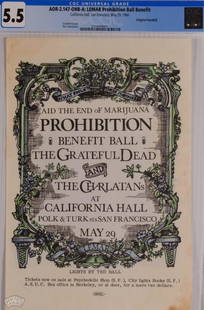 1966 AOR-2.147 Grateful Dead Cal Hall Handbill 5.5: As important in 1966 as it is today, here we have the Lemar Benefit for Ending Marijuana Prohibition! We are offering in this lot one of the most desirable and valuable handbills from 1966! This