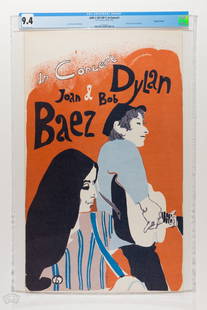 1965 AOR-1.101 Bob Dylan Joan Baez Tour Poster 9.4: This is a very early and scarce original poster in Museum Quality Condition for a Bob Dylan / Joan Baez east coast tour in 1965! According to The Art of Rock, Dylan wasn't thrilled with the image and