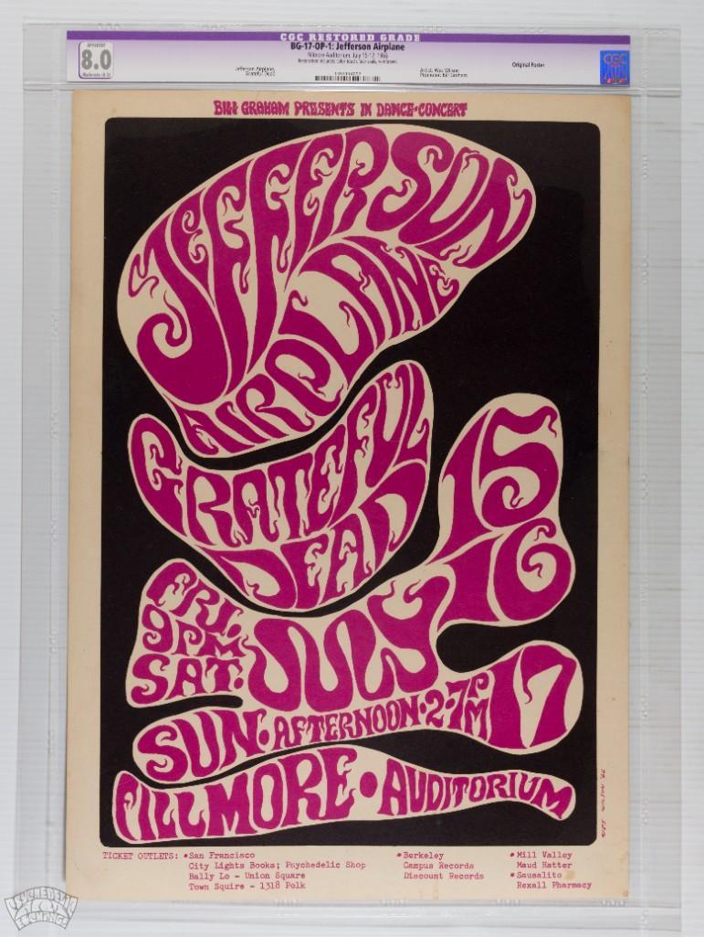 1966 BG-17 Grateful Dead Fillmore Poster 8 Restored: This poster has been professionally restored to offer the appearance and eye appeal of a Mint copy! Restoration includes Color Touch, Tear Seals, Reinforced. From the Houston Freeburg Collection We ar